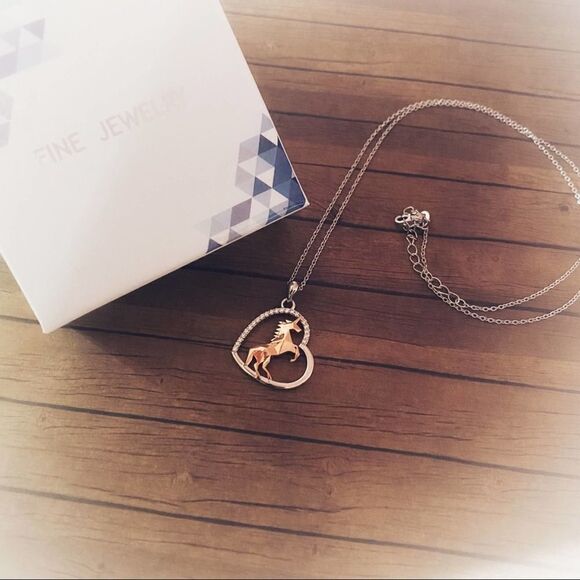 Unicorn in Heart Two-Tone Sterling Silver Rose Gold Necklace - Picture 2 of 4